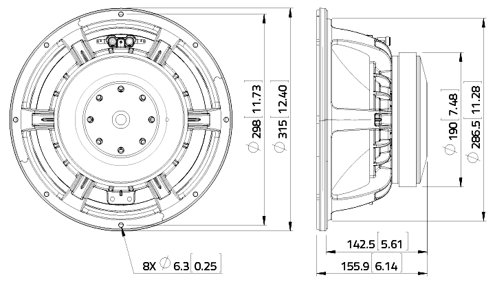Image Drawing & Mounting haut parleur à cône LaVoce Haut-parleur Lavoce WAF123.01, 8 ohm, 12 pouce