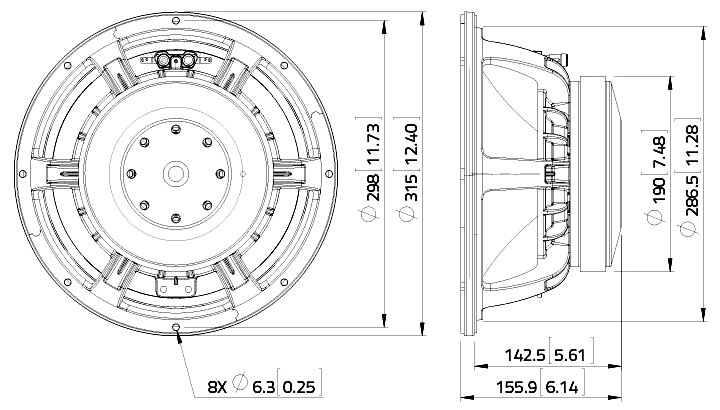 drawing & mounting du haut parleur à cône LaVoce Haut-parleur Lavoce WAF123.01, 8 ohm, 12 pouce
