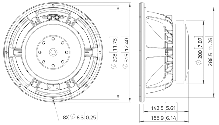 drawing & mounting du haut parleur à cône LaVoce Haut-parleur Lavoce WAF123.02, 8 ohm, 12 pouce