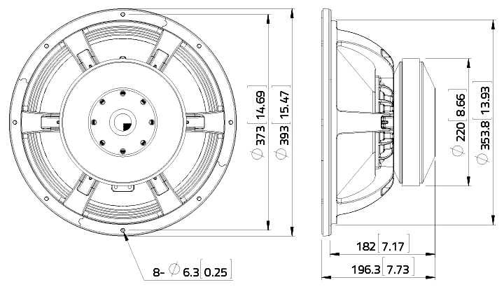 drawing & mounting du haut parleur à cône LaVoce Haut-parleur Lavoce WAF154.00, 8 ohm, 15 pouce