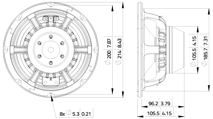 drawing & mounting du haut parleur à cône LaVoce Haut-parleur Lavoce WAN082.00, 8 ohm, 8 pouce
