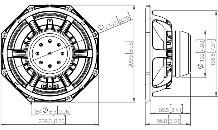 drawing & mounting du haut parleur à cône LaVoce Haut-parleur Lavoce WAN082.01, 8 ohm, 8 pouce