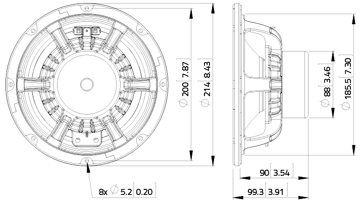 drawing & mounting du haut parleur à cône LaVoce Haut-parleur Lavoce WAN082.50, 16 ohm, 8 pouce