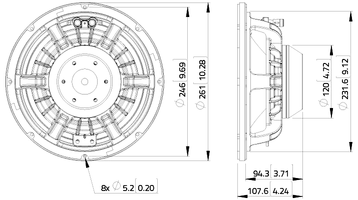 drawing & mounting du haut parleur à cône LaVoce Haut-parleur Lavoce WAN102.50, 16 ohm, 10 pouce