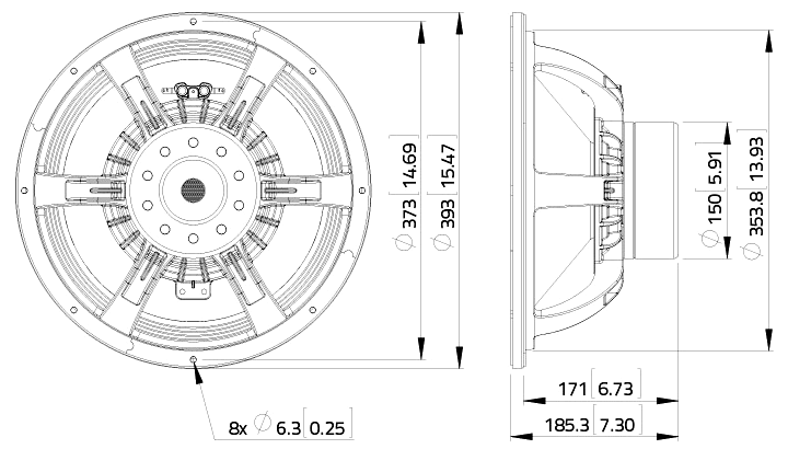 drawing & mounting du haut parleur à cône LaVoce Haut-parleur Lavoce WAN154.01, 8 ohm, 15 pouce