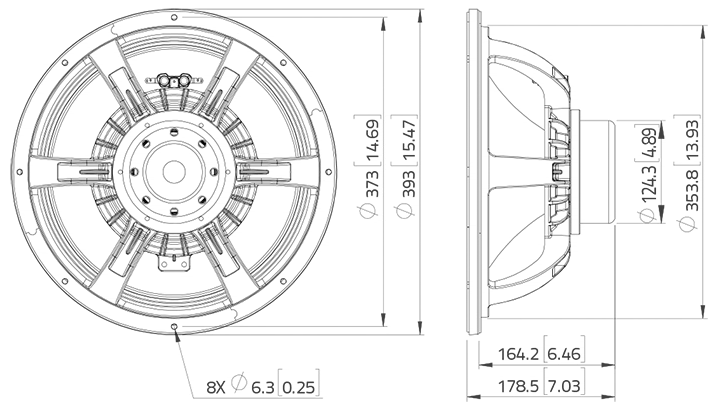 drawing & mounting du haut parleur à cône LaVoce Haut-parleur Lavoce WAN154.02, 8 ohm, 15 pouce