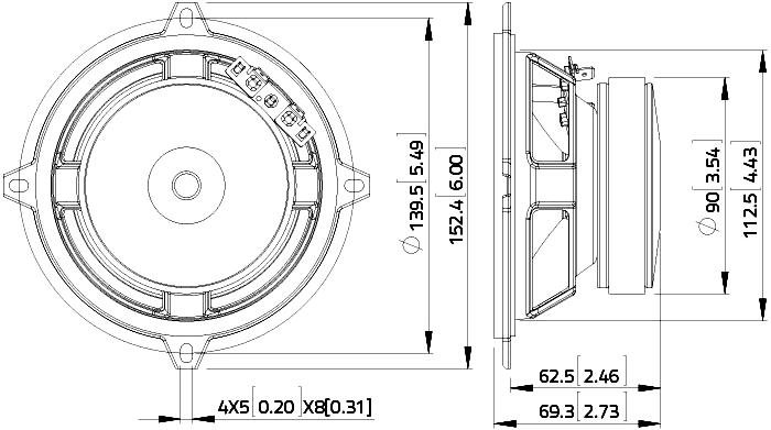 drawing & mounting du haut parleur à cône LaVoce Haut-parleur Lavoce WSF051.02, 8 ohm, 5 pouce