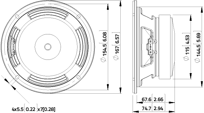 drawing & mounting du haut parleur à cône LaVoce Haut-parleur Lavoce WSF061.52, 16 ohm, 6.5 pouce