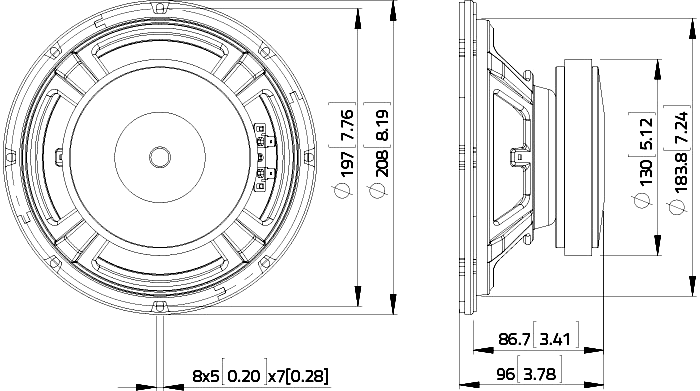 drawing & mounting du haut parleur à cône LaVoce Haut-parleur Lavoce WSF081.82, 8 ohm, 8 pouce