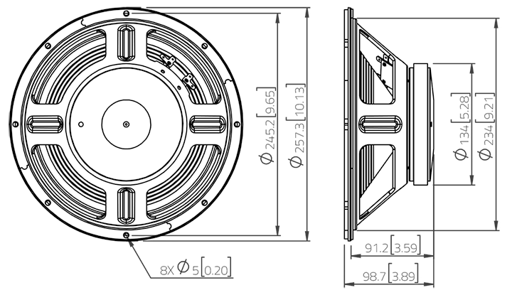 drawing & mounting du haut parleur à cône LaVoce Haut-parleur guitare Lavoce WSF101.70G-8, 8 ohm, 10 pouce