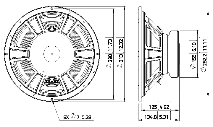 drawing & mounting du haut parleur à cône LaVoce Haut-parleur guitare Lavoce WSF121.70G, 8 ohm, 12 pouce