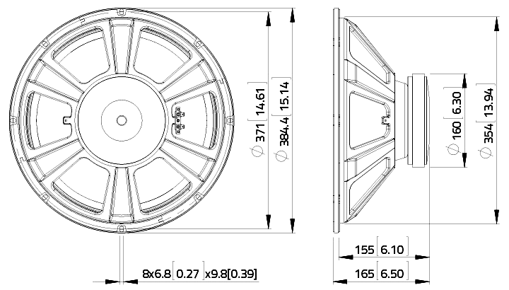 drawing & mounting du haut parleur à cône LaVoce Haut-parleur Lavoce WSF152.50, 8 ohm, 15 pouce