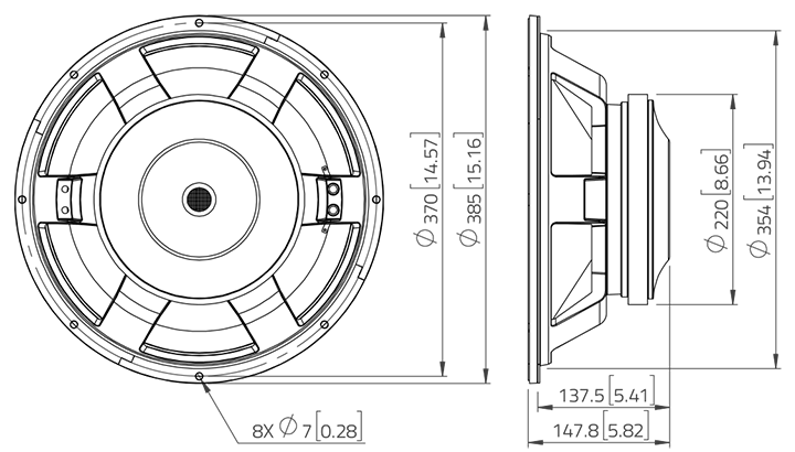 drawing & mounting du haut parleur à cône LaVoce Haut-parleur Lavoce WXF15.800, 8 ohm, 15 pouce
