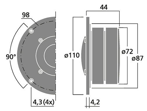 Image Dimensions & Montage tweeter à dôme Monacor Tweeter à dôme Monacor DT-352NF, 8 ohm, façade 110 mm