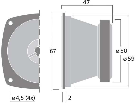 drawing & mounting du tweeter à compression Monacor Tweeter à compression Monacor HT-30, 8 ohm, 67 x 67 mm