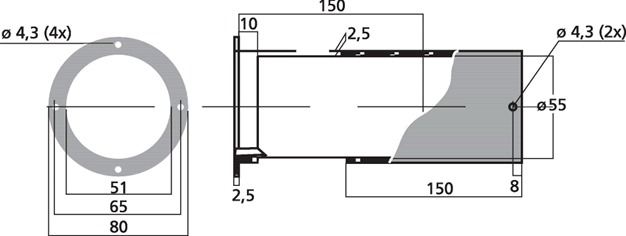 Image Drawing & Mounting event bass-reflex Monacor Event bass-reflex réglable Monacor MBR-50, diamètre intérieur 51 mm, longueur 150 à 280 mm