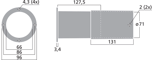 drawing & mounting du event bass-reflex Monacor Event bass-reflex réglable Monacor MBR-70, diamètre intérieur 66 mm, longueur 128 à 245 mm