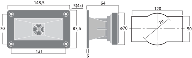 Image Drawing & Mounting pavillon+compression Monacor Moteur d'aigu à pavillon Monacor MHD-190, 8 ohm, 148.5 x 87.5 mm