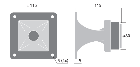 drawing & mounting du pavillon+compression Monacor Moteur d'aigu à pavillon Monacor MHD-230/SQ, 8 ohm, 115 x 115 mm