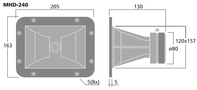 Image Drawing & Mounting pavillon+compression Monacor Moteur d'aigu à pavillon Monacor MHD-240, 8 ohm, 205 x 163 mm