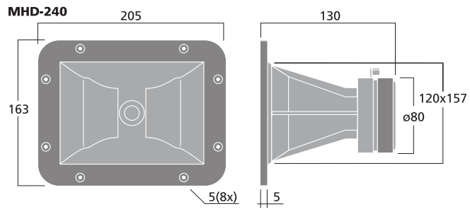drawing & mounting du pavillon+compression Monacor Moteur d'aigu à pavillon Monacor MHD-240, 8 ohm, 205 x 163 mm