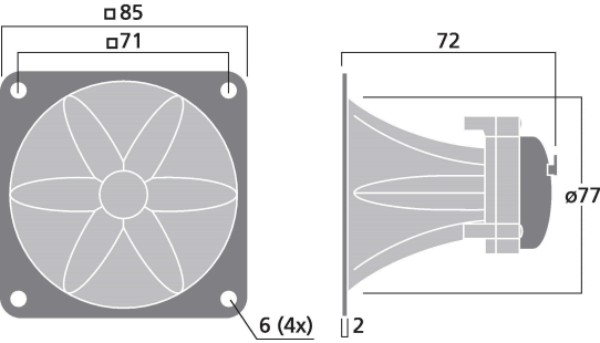 drawing & mounting du tweeter piezo Monacor Tweeter piezo Monacor MPT-005, 85 x 85 mm