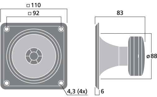 drawing & mounting du tweeter piezo Monacor Tweeter piezo Monacor MPT-165, 110 x 110 mm
