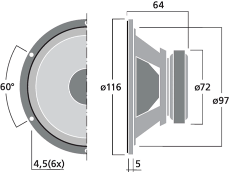 drawing & mounting du haut parleur à cône Monacor Haut-parleur Monacor MSH-115HQ, 4 ohm, 116 mm