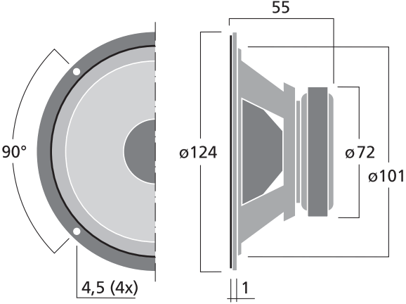 drawing & mounting du haut parleur à cône Monacor Haut-parleur Monacor MSH-116/4, 4 ohm