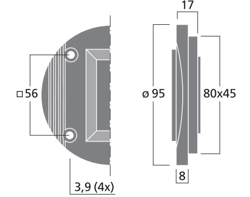 drawing & mounting du tweeter à ruban Monacor Tweeter à ruban Monacor RBT-95, 8 ohm, 95 mm