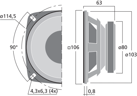 Image Dimensions & Montage haut parleur à cône Monacor Haut-parleur Monacor SP-100/8, 8 ohm, 106 x 106 mm