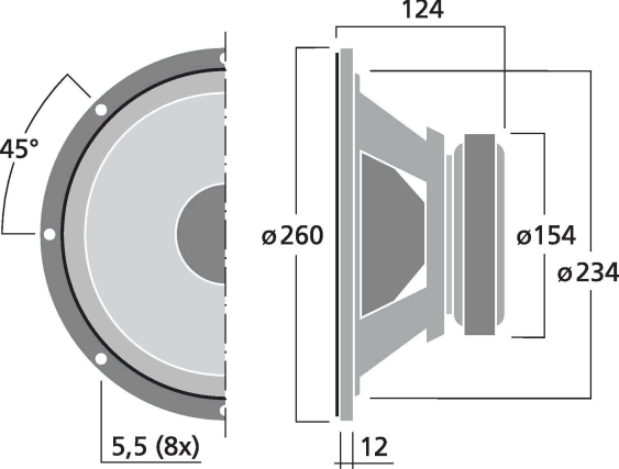 Image Drawing & Mounting haut parleur à cône Monacor Haut-parleur Monacor SP-10A/302PA, 8 ohm, 260 mm