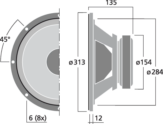 Image Drawing & Mounting haut parleur à cône Monacor Haut-parleur Monacor SP-12A/302PA, 8 ohm, 313 mm