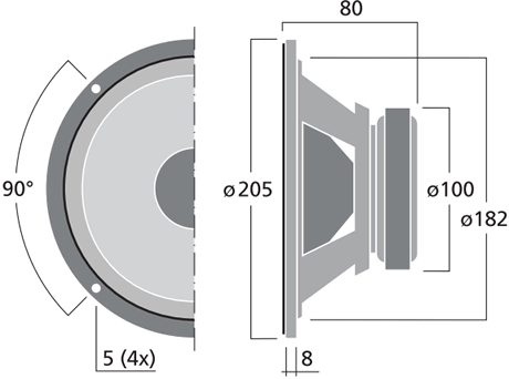 drawing & mounting du haut parleur bicône Monacor Haut-parleur large-bande Monacor SP-200X, 8 ohm, 205 mm