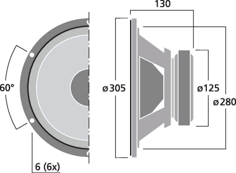 drawing & mounting du haut parleur à cône Monacor Haut-parleur Monacor SP-304PA, 4 ohm, 305 mm