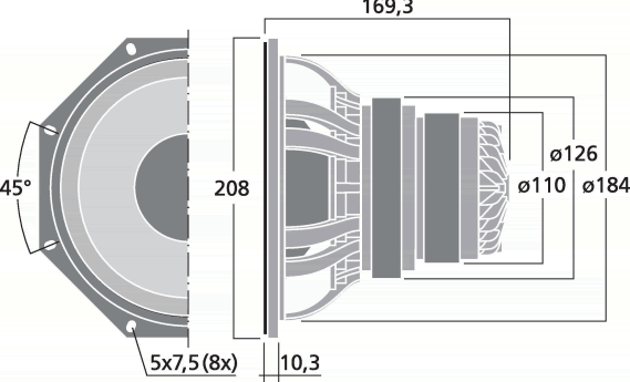 drawing & mounting du haut-parleur coaxial à deux entrées Monacor Haut-parleur coaxial Monacor SP-308CX, 8+8 ohm, 208 mm