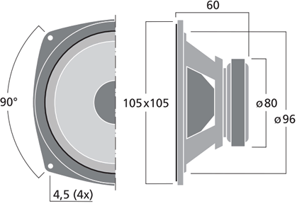 drawing & mounting du haut parleur à cône Monacor Haut-parleur Monacor SP-60/8, 8 ohm, 105 x 105 mm