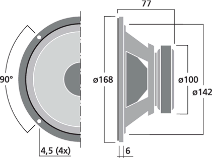 drawing & mounting du haut parleur à cône Monacor Haut-parleur Monacor SP-6/100PRO, 4 ohm, 168 mm