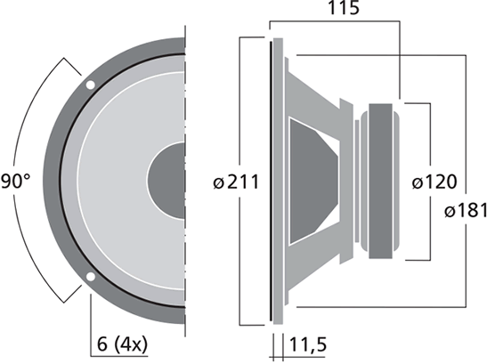 drawing & mounting du haut parleur à cône Monacor Haut-parleur Monacor SPH-200CTC, 8+8 ohm, 211 mm