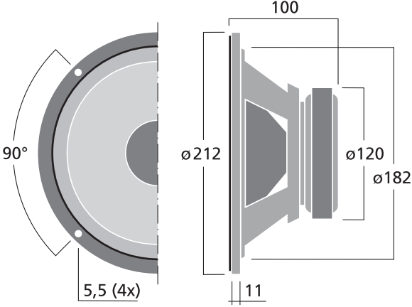 Image Drawing & Mounting haut parleur à cône Monacor Haut-parleur Monacor SPH-200KE, 8 ohm, 212 mm