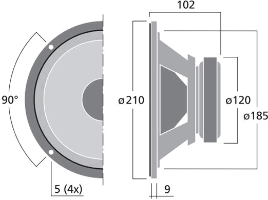 drawing & mounting du haut parleur à cône Monacor Haut-parleur Monacor SPH-200TC, 8+8 ohm, 210 mm