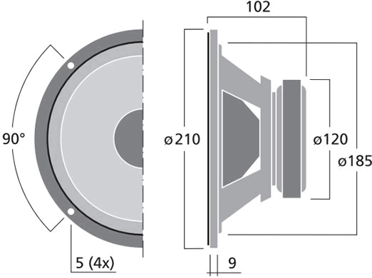 Image Drawing & Mounting haut parleur à cône Monacor Haut-parleur Monacor SPH-200TC, 8+8 ohm, 210 mm