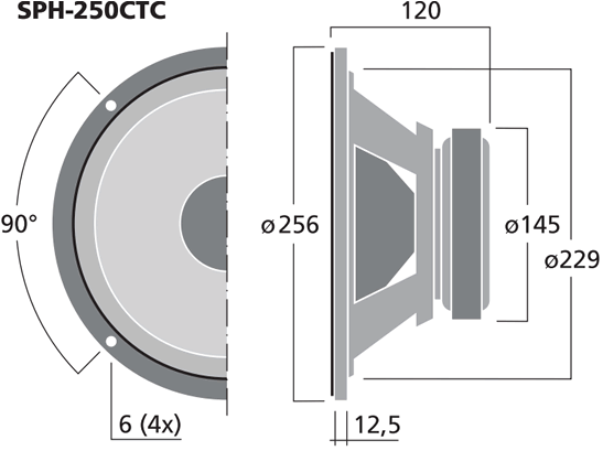 Image Drawing & Mounting haut parleur à cône Monacor Haut-parleur Monacor SPH-250CTC, 8+8 ohm, 258 mm