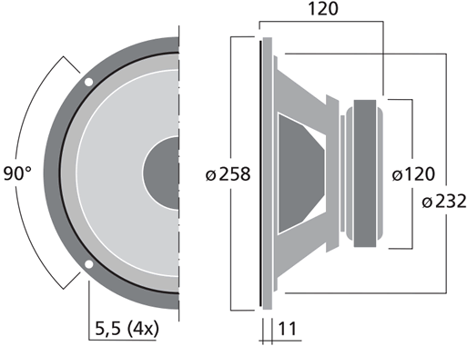 drawing & mounting du haut parleur à cône Monacor Haut-parleur Monacor SPH-250KE, 8 ohm, 258 mm