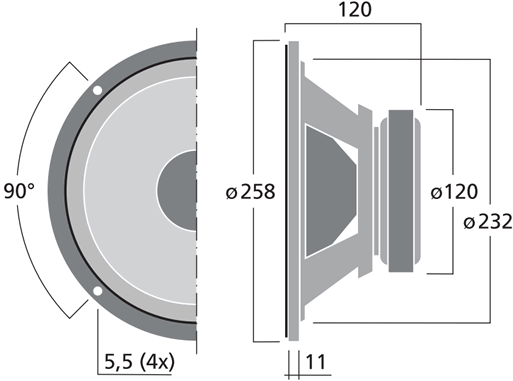Image Drawing & Mounting haut parleur à cône Monacor Haut-parleur Monacor SPH-250KE, 8 ohm, 258 mm