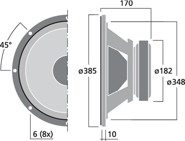 drawing & mounting du haut parleur à cône Monacor Haut-parleur Monacor SPH-390TC, 8+8 ohm, 385 mm