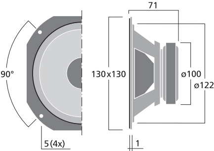 drawing & mounting du haut parleur bicône Monacor Haut-parleur large-bande bicône Monacor SPH-68X/AD, 8 ohm, 130 x 130 mm
