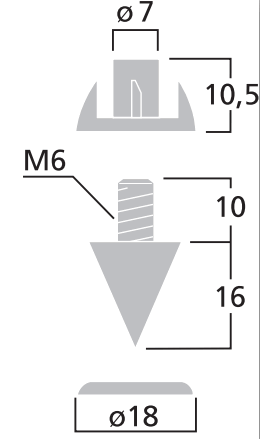 drawing & mounting du pointe/cône découplage Monacor Lot de 4 petites pointes de découplage Monacor SPS-10/SC, plaqué chromium noir