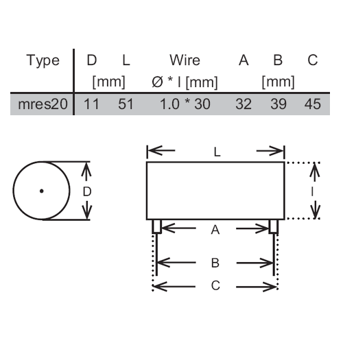 drawing & mounting du résistance Mundorf Résistance Mundorf Supreme, 12ohm ±2%, 20W, Ø14xL51mm