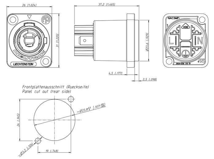 drawing & mounting du embase électrique Neutrik Châssis secteur Neutrik powerCON NAC3MPB, grey, 20A / 250VAC, pour sortie alimentation